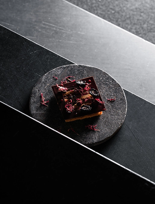 Delicious chocolate dessert served for Valentine's Day at Dans le Noir ? restaurant