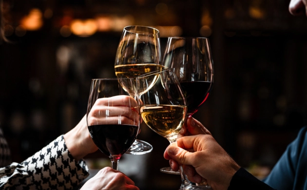 Un groupe de convives trinquant avec des verres de vin rouge et blanc dans une ambiance chaleureuse et intimiste.