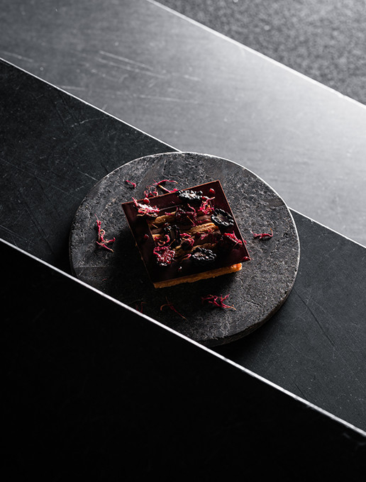 Delicious chocolate dessert served for Valentine's Day at Dans le Noir ? restaurant