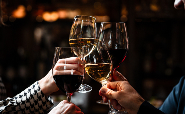 Un groupe de convives trinquant avec des verres de vin rouge et blanc dans une ambiance chaleureuse et intimiste.